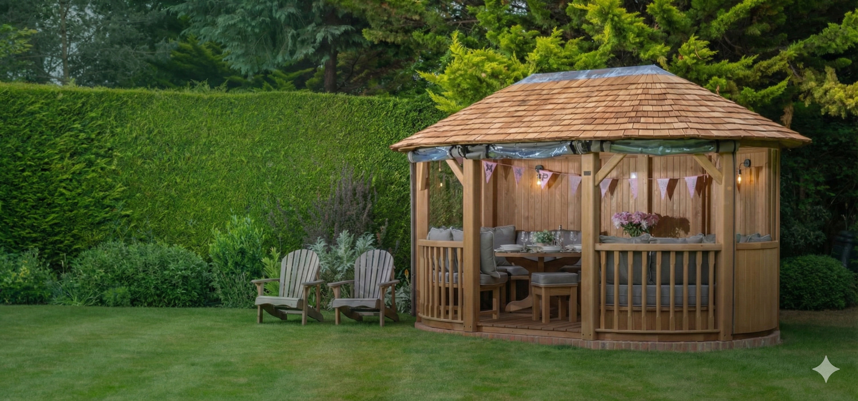 A luxury Crown Pavilions gazebo in a garden setting at dusk